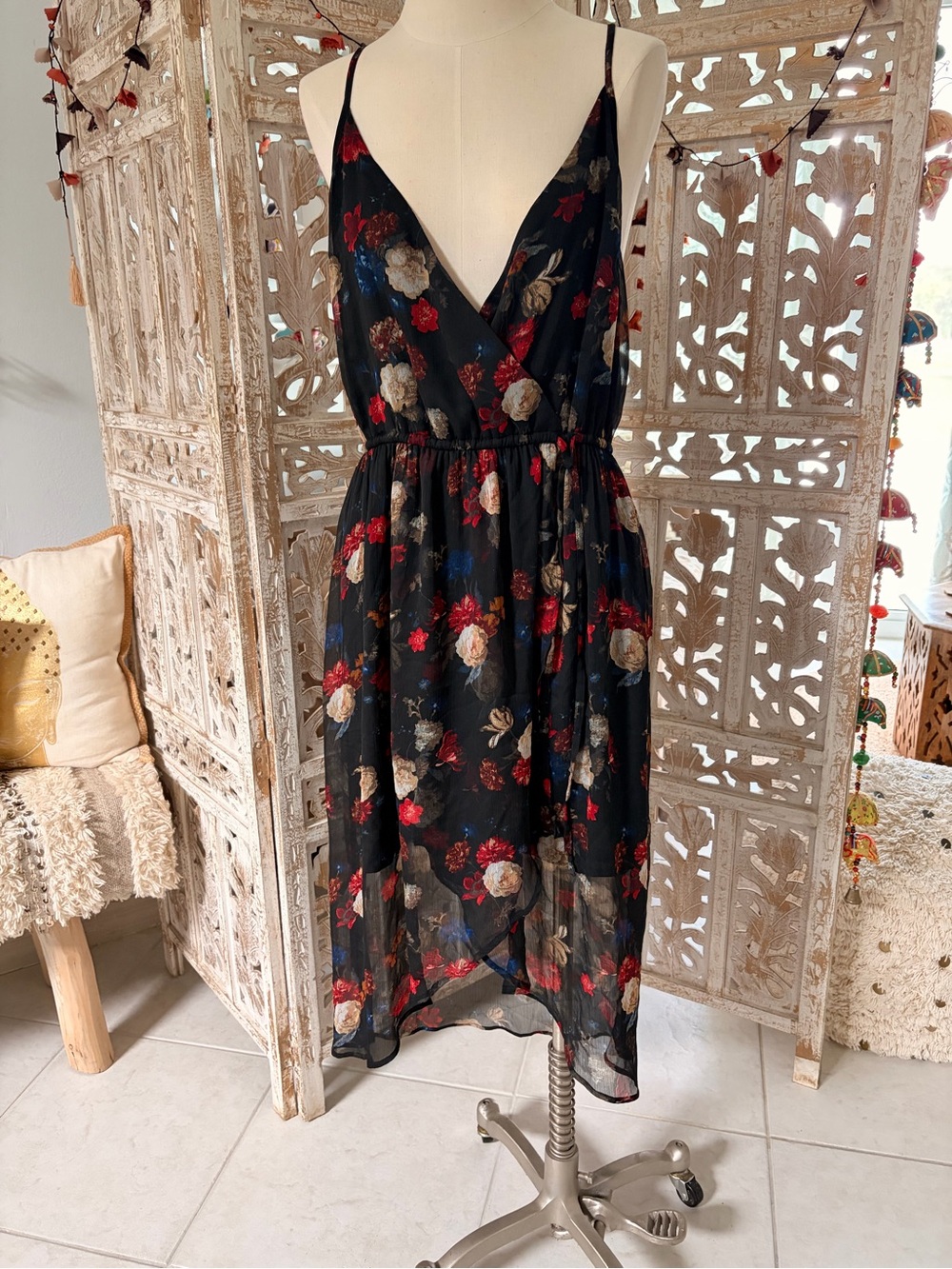 Lucky Brand Black Floral High-Low Slip Dress